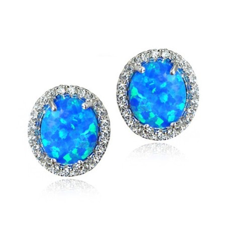 Blue Opal Oval Earrings with Cubic Zirconia Halo - Click Image to Close